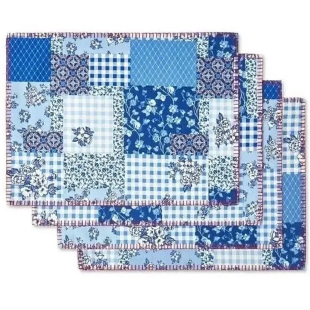 Pioneer Woman Heritage Patchwork Cotton Placemat Reversible Plaid Blue Red 4 PC